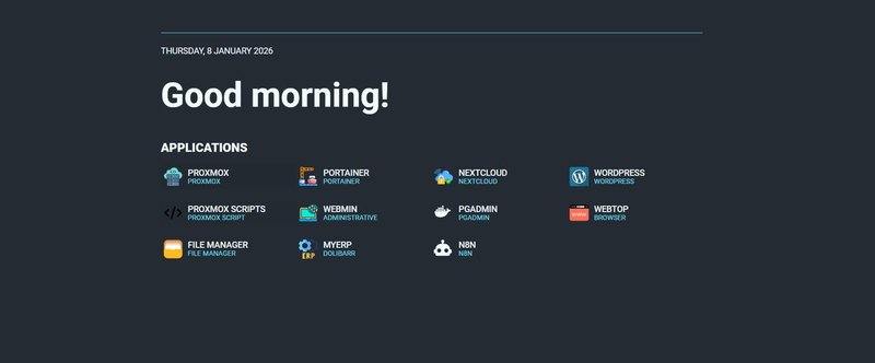 Flame dashboard running in Docker on Proxmox home lab